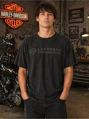 Harley Davidson of Las Vegas T-Shirt | Faded Black | Biker Graphic Tee | Men’s